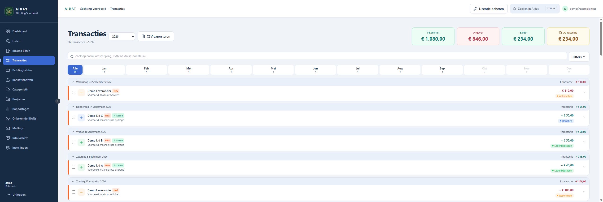 Aidat transaction overview with fictitious income and expenses